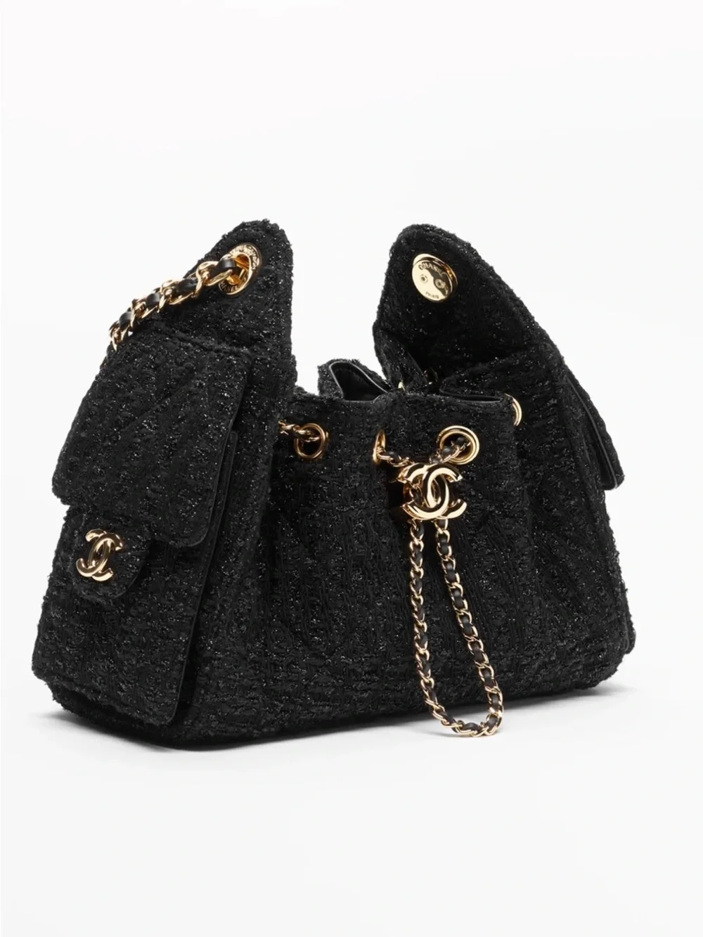 CHANEL 26 Black Tweed Drawstring Shoulder Bag with Gold Chain and CC Charm